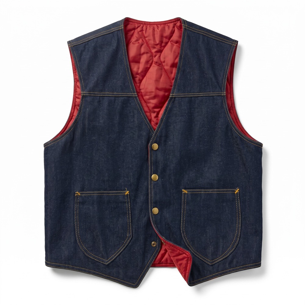 Unbranded Denim Workwear Vest Mens Medium Blue Red Quilted Lining Excellent Snap